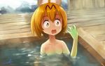  1girl animal_ears blonde_hair cerval collarbone commentary green_skin hair_between_eyes kemono_friends looking_at_hand nude onsen open_mouth partially_submerged serval_(kemono_friends) serval_ears shocked_eyes short_hair signature solo source_quote surprised u-eruto water wavy_mouth wet wet_hair wooden_floor yellow_eyes 