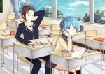  1boy 1girl absurdres aiqing artist_name black_legwear blue_eyes blue_hair book brown_eyes brown_hair chair classroom collarbone desk eraser eyebrows_visible_through_hair hair_ornament highres holding holding_book kneehighs long_sleeves looking_away natsuki_subaru open_book pencil_case re:zero_kara_hajimeru_isekai_seikatsu rem_(re:zero) short_hair signature sitting x_hair_ornament 