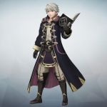  1boy bangs book boots brown_eyes cloak detached_sleeves fire_emblem fire_emblem:_kakusei fire_emblem_musou full_body gloves gradient gradient_background highres holding holding_book knee_boots long_coat looking_at_viewer male_focus male_my_unit_(fire_emblem:_kakusei) my_unit_(fire_emblem:_kakusei) official_art pants short_hair simple_background solo standing white_hair 