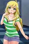  1girl blonde_hair green_eyes highres hoshii_miki idolmaster image_sample pixiv_manga_sample resized shirt short_shorts shorts solo striped striped_shirt tu-1 