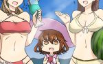  +++ 10s 3girls adapted_costume bikini breasts brown_eyes brown_hair collarbone commentary cup day drink drinking_glass fang hamu_koutarou hat highres ikazuchi_(kantai_collection) kantai_collection large_breasts littorio_(kantai_collection) long_hair multiple_girls ooi_(kantai_collection) open_mouth pink_hat short_hair swimsuit 