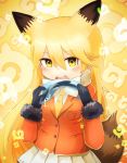  1girl animal_ears blonde_hair blush breast_pocket eyebrows_visible_through_hair ezo_red_fox_(kemono_friends) fang fox_ears fox_tail kemono_friends long_hair looking_at_viewer necktie open_mouth pocket saebashi signature solo tail teeth yellow_eyes yellow_necktie 
