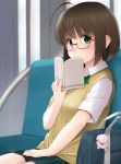  1girl ahoge bag blush bob_cut book breasts brown_hair collar commentary eyebrows_visible_through_hair glasses green_eyes hand_on_lap holding holding_book keychain kozue_akari large_breasts looking_at_viewer original red_glasses school_bag semi-rimless_glasses short_hair short_sleeves sitting skirt solo sweater_vest under-rim_glasses uniform 