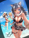  3girls animal_ears ass bangs bikini black_bikini black_hair black_ribbon black_skirt blue_eyes blue_sky breasts cleavage closed_eyes day fang front-tie_top grey_wolf_(kemono_friends) hat hat_feather heterochromia highres jumping kaban_(kemono_friends) kemono_friends large_breasts long_hair looking_at_viewer miniskirt multicolored_hair multiple_girls navel orange_eyes outdoors plaid plaid_skirt reaching_out ribbon self_shot serval_(kemono_friends) serval_ears serval_print shibi silver_hair skirt sky smile summer swimsuit thigh_gap thigh_ribbon water wet white_hat 