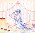  1girl barefoot blue_eyes blue_hair blue_hat cake eyebrows_visible_through_hair food fork gloves hat hatsune_miku holding holding_fork long_hair looking_at_viewer parted_lips plate shina_(sbk951121) sitting solo top_hat very_long_hair vocaloid wariza white_gloves 