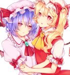  2girls :o ascot bangs bat_wings blonde_hair blue_hair blush bow brooch closed_mouth crystal flandre_scarlet frilled_shirt_collar frills hat hat_bow hat_ribbon highres jewelry looking_at_viewer mob_cap multiple_girls nukominto pink_shirt puffy_short_sleeves puffy_sleeves red_bow red_eyes red_ribbon red_vest remilia_scarlet ribbon shirt short_hair short_sleeves siblings side_ponytail sisters touhou upper_body vest white_shirt wings wrist_cuffs 