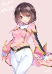  1girl :o belt brown_eyes brown_hair cosplay fingerless_gloves fujishima-sei_ichi-gou gloves highres katou_megumi looking_at_viewer pants pink_background pink_jacket saenai_heroine_no_sodatekata sakura_taisen shinguuji_sakura shinguuji_sakura_(cosplay) short_hair solo uniform white_gloves white_pants 