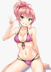  1girl bikini bow front-tie_top hair_bow hashi idolmaster idolmaster_cinderella_girls jougasaki_mika long_hair o-ring_bikini o-ring_bottom o-ring_top pink_bikini pink_hair ponytail red_bow simple_background sitting solo swimsuit v wariza white_background yellow_eyes 