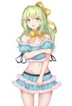  1girl bare_shoulders blush bow breasts cleavage eyebrows_visible_through_hair green_eyes green_hair hair_bow highres jname large_breasts long_hair looking_at_viewer navel original parted_lips ribbon solo yellow_bow yellow_ribbon 