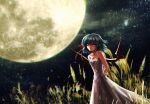  1girl alternate_costume bare_arms bare_shoulders bat_wings blue_hair dress fang full_moon jewelry lastdark looking_at_viewer moon night night_sky outdoors pendant pointy_ears red_eyes remilia_scarlet short_hair sky smile solo star_(sky) starry_sky strapless strapless_dress touhou tube_dress white_dress wings 