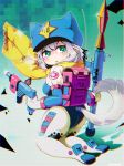  1girl animal_ears ass blush bodysuit chromatic_aberration dog_tail eyebrows_visible_through_hair green_eyes gun highres holding holding_gun holding_weapon kneeling looking_at_viewer original parted_lips pointy_ears rocket_launcher rpg rpg-7 saebashi scarf short_hair silver_hair solo tail weapon yellow_scarf 