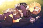  1girl ahoge armor armored_dress black_gloves black_legwear blonde_hair braid breasts commentary_request dress fate/apocrypha fate/grand_order fate_(series) gloves grass headgear kibamigohann long_hair looking_at_viewer lying medium_breasts on_side parted_lips purple_dress ruler_(fate/apocrypha) short_dress single_braid thigh-highs very_long_hair yellow_eyes 