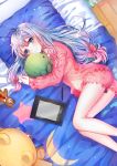  1girl bed blue_eyes blush bow closed_mouth eromanga_sensei eyebrows_visible_through_hair hair_bow highres holding holding_stuffed_animal izumi_sagiri long_hair looking_at_viewer lying on_bed on_side pillow pink_bow shina_(sbk951121) silver_hair smile solo stuffed_animal stuffed_toy stylus tablet teddy_bear 