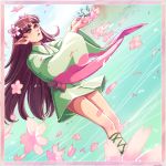  1girl artist_name day flower green_eyes hair_flower hair_ornament inuyasha japanese_clothes long_hair lowres petals pink_hair pointy_ears shunran_(inuyasha) sky solo teeth water 