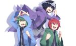  androgynous black_hair blue_coat frilled_hat frills green_coat green_eyes green_hair hat highres hood hooded_jacket hoodie jacket len&#039;en lenk64 necktie open_mouth purple_coat red_eyes redhead shitodo_aoji shitodo_hooaka shitodo_kuroji short_hair shorts siblings smile triangular_headpiece violet_eyes 