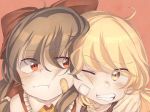  2girls bandaid bandaid_on_face bangs blonde_hair blush bow brown_eyes brown_hair cheek_press closed_mouth commentary_request eyebrows_visible_through_hair face hair_between_eyes hair_bow hair_tubes hakurei_reimu iiha_toobu kirisame_marisa multiple_girls one_eye_closed orange_background red_bow red_eyes simple_background teeth touhou yellow_eyes 