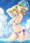  1girl armband armpits arms_up ball bangs beachball bikini blue_eyes blue_sky blush breasts character_request cleavage clouds cloudy_sky collarbone condensation_trail day green_hair hair_ornament hair_scrunchie large_breasts looking_at_viewer makirin navel open_mouth outdoors ponytail scrunchie sennen_sensou_aigis short_hair short_ponytail side-tie_bikini sidelocks sky smile solo sparkle string_bikini swept_bangs swimsuit wading water wet white_bikini 