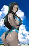  1girl ass bare_shoulders black_hair blush breasts brown_eyes caster_of_the_nocturnal_castle clouds cloudy_sky fate_(series) large_breasts lips long_hair scheherazade_(fate_grand/order) shibusun sideboob sky solo thighs 