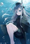  10s 1girl :&lt; absurdres artist_name artist_request bare_legs barefoot blue_eyes bubble highres kantai_collection long_hair looking_at_viewer machinery ocean silver_hair snorkel solo submerged u-511_(kantai_collection) underwater white_skin 