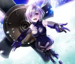  1girl armor bare_shoulders blush breasts commentary_request eyebrows_visible_through_hair eyes_visible_through_hair fate/grand_order fate_(series) gloves hair_over_one_eye highres large_breasts lavender_hair looking_at_viewer open_mouth purple_gloves round_teeth shield shielder_(fate/grand_order) short_hair sleeveless smile solo standing teeth violet_eyes wingtemple 