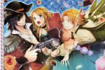  1girl 2boys blonde_hair blue_eyes eyebrows_visible_through_hair fujimaru_mamenosuke hat holding_food holding_weapon james_hook okashi_na_shima_no_peter_pan open_mouth peter_pan_(okashi_na_shima_no_peter_pan) pirate_hat smile teeth wendy_darling_(okashi_na_shima_no_peter_pan) 