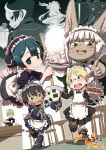  animal_ears bad_food blush_stickers dropping food fur green_eyes highres made_in_abyss maid maid_headdress nanachi_(made_in_abyss) onigiri ouzen_(made_in_abyss) pointing pointing_at_viewer regu_(made_in_abyss) riko_(made_in_abyss) uchuu_ika whiskers white_hair 
