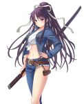  1girl absurdres artist_request belt black_hair collarbone denim grey_ribbon hair_ribbon hand_on_hip highres holding holding_sword holding_weapon kanzaki_kaori long_hair midriff navel ribbon shirt simple_background solo sword tied_shirt to_aru_majutsu_no_index uchi_no_hime-sama_ga_ichiban_kawaii violet_eyes weapon white_background white_shirt 