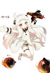  10s 1girl :3 ahoge aircraft airplane artist_name artist_request bare_legs barefoot black_panties commentary_request enemy_aircraft_(kantai_collection) highres horns kantai_collection long_hair looking_at_viewer mittens northern_ocean_hime orange_eyes outstretched_arms panties shinkaisei-kan simple_background spread_arms translation_request underwear white_background 