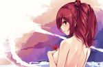  1girl bag blush breasts eyebrows_visible_through_hair flower from_behind hair_bobbles hair_ornament highres looking_at_viewer maremay0513 medium_breasts nude onozuka_komachi open_mouth profile red_eyes redhead signature solo touhou twintails upper_body wet wet_hair 