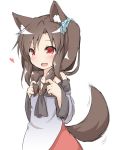  1girl alternate_hairstyle animal_ears brown_hair dress fang hair_ornament hair_scrunchie heart imaizumi_kagerou long_hair natsu_no_koucha open_mouth red_eyes scrunchie side_ponytail simple_background smile solo tail tail_wagging touhou white_background wolf_ears wolf_tail 