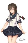  10s 1girl 2016 black_hair blue_sailor_collar blue_skirt brown_eyes celestea_tera cowboy_shot dated hair_between_eyes highres isonami_(kantai_collection) kantai_collection long_hair looking_at_viewer pleated_skirt school_uniform serafuku sidelocks simple_background skirt skirt_lift solo twitter_username white_background 