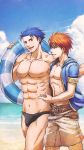  2boys :d abs adapted_costume bare_shoulders beach blue_eyes blue_hair brown_shorts clouds collarbone eliwood_(fire_emblem) fire_emblem fire_emblem:_rekka_no_ken fire_emblem_heroes friends grin hector_(fire_emblem) highres innertube looking_at_another male_focus multiple_boys muscle navel neck nintendo open_mouth outdoors parted_lips redhead short_hair shorts sky smile sukua55 swimsuit walking 