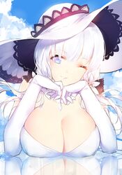  1girl ;) absurdres bilan_hangxian blue_eyes blue_sky breasts chin_rest cleavage clouds cloudy_sky dress elbow_gloves gloves hat highres horz illustrious_(bilan_hangxian) jewelry large_breasts lipstick makeup necklace one_eye_closed painttool_sai pendant reflection sky smile solo sun_hat white_gloves white_hair white_hat 