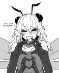  :d antennae bee_girl blush caption closed_eyes dress extra_eyes facing_viewer greyscale happy heart heart_hands insect_girl insect_wings less long_hair monochrome monster_girl multiple_arms multiple_wings open_mouth smile upper_body wings 