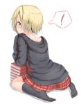  ! 1girl black_legwear blonde_hair book_stack eyebrows_visible_through_hair highres idolmaster idolmaster_cinderella_girls kneehighs looking_at_viewer plaid plaid_skirt red_skirt reinama shirasaka_koume short_hair sitting skirt solo speech_bubble spoken_exclamation_mark wariza yellow_eyes 