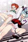  2girls blue_hair falling grin hamada_yoshikazu highres kicking kiriha_(tsugumomo) long_hair miyou_mimane multiple_girls panties pantyshot pointy_ears red_eyes smile tsugumomo underwear white_panties 