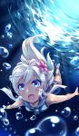  10s 1girl blonde_hair blue_eyes bubble crop_top flower hair_flower hair_ornament kantai_collection light_rays miyabi_urumi one-piece_swimsuit ro-500_(kantai_collection) sailor_collar school_swimsuit school_uniform serafuku solo swimsuit swimsuit_under_clothes twitter_username underwater 