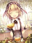  1girl ^_^ ^o^ animal_ears blonde_hair blush clenched_hand closed_eyes cup facing_viewer flower gochuumon_wa_usagi_desu_ka? hairband highres kirima_sharo lolita_hairband missile228 rabbit_ears solo teacup teapot teeth 