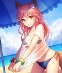  1girl animal_ears bikini fate/grand_order fate_(series) fox_ears hat long_hair looking_at_viewer pink_hair solo swimsuit tail tamamo_(fate)_(all) tamamo_no_mae_(swimsuit_lancer)_(fate) yamyom yellow_eyes 