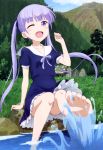  1girl ;d absurdres barefoot blue_dress blue_ribbon blush collarbone copyright_name day dress eyebrows_visible_through_hair feet floating_hair hair_ribbon highres kikunaga_chisato long_hair looking_up megami neck_ribbon new_game! official_art one_eye_closed open_mouth outdoors purple_hair purple_ribbon ribbon scan short_dress short_sleeves sitting smile soaking_feet soles solo suzukaze_aoba toes twintails very_long_hair violet_eyes 