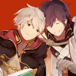  2boys armor blue_eyes blue_hair cape fire_emblem fire_emblem:_kakusei gloves krom male_focus male_my_unit_(fire_emblem:_kakusei) multiple_boys my_unit_(fire_emblem:_kakusei) short_hair smile white_hair 