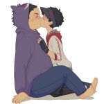  2boys character_hood closed_eyes fat freckles full_body gengar hood hoodie kiss kneeling male_focus male_protagonist_(pokemon_go) miya_(24toys) multiple_boys pokemon pokemon_(game) pokemon_go simple_background sweat visor_cap white_background yaoi 