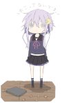  10s 1girl :t azumaya_(miyui001) chibi cookie cooking_tray crescent crescent_hair_ornament food hair_ornament kantai_collection kneehighs o_o pleated_skirt purple_hair school_uniform serafuku short_hair_with_long_locks skirt solo translation_request yayoi_(kantai_collection) 