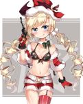  1girl belt_buckle black_bikini_top blonde_hair blue_eyes blush breasts buckle colt_m1873_(girls_frontline) commentary_request cowboy_shot girls_frontline gun handgun hat holding holding_gun holding_weapon long_hair looking_at_viewer print_bikini_top red_hat red_legwear red_shorts revolver ringlets shorts single_thighhigh small_breasts solo standing star star_print striped striped_legwear thigh-highs twintails very_long_hair weapon white_belt yasuna_(nanjiang) 