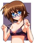  1girl azumaya_(miyui001) blue-framed_eyewear blue_eyes bow bow_bra bra breasts brown_hair cleavage glasses looking_at_viewer lyrical_nanoha mahou_shoujo_lyrical_nanoha_innocent semi-rimless_glasses short_hair solo stern_starks strap_pull under-rim_glasses underwear 