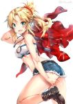  1girl bare_shoulders belt blonde_hair blush cleavage_cutout denim denim_shorts fate/apocrypha fate_(series) green_eyes jacket ponytail riichu saber_of_red shorts solo white_background 