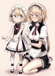  2girls adjusting_clothes apron blonde_hair blue_eyes blush braid commentary_request eyebrows_visible_through_hair flying_sweatdrops frilled_apron frilled_sleeves frills full_body g36_(girls_frontline) girls_frontline glasses gloves long_ponytail maid maid_apron maid_headdress multiple_girls ponytail red_ribbon revision ribbon seiza shijiu_(adamhutt) short_hair single_braid sitting skirt thigh_strap time_paradox white_gloves white_legwear younger 