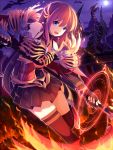  1girl angry animal armor brown_hair dragon dress fighting fire long_hair looking_at_viewer magic molten_rock moon night open_mouth original riki_(archf) royal_ruby_slayer spit thigh-highs violet_eyes weapon 