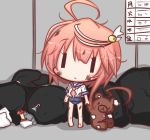 1girl ahoge blush chibi hair_ornament i-58_(kantai_collection) kantai_collection lilywhite_lilyblack orel_cruise pink_hair school_swimsuit short_hair solo swimsuit translated 