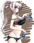  1girl ahoge asahi_breweries azumaya_(miyui001) bare_shoulders beer_can black_bra black_panties blush bow bra brand_name_imitation breasts can cleavage hair_bow large_breasts long_hair looking_at_viewer lyrical_nanoha mouth_hold nail_polish navel panties ponytail rinne_berlinetta sidelocks silver_hair solo strap_slip underwear violet_eyes vivid_strike! 